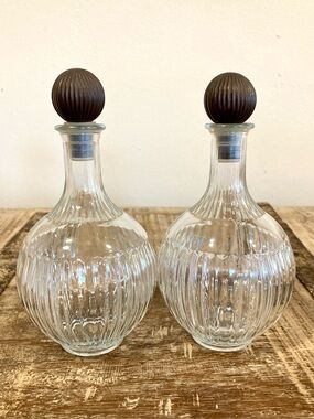 2 Vintage Ribbed Glass Decanters Vanity Bottles with Round Plastic Lids JPI NYC